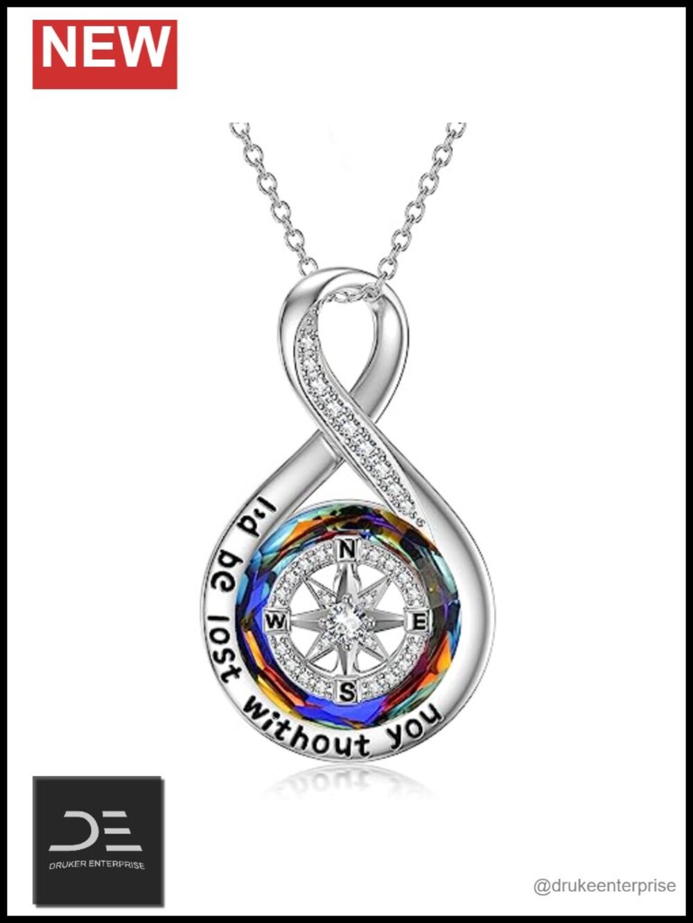 Sterling Silver Compass Pendant Necklace Women's 925 Engraved Crystal 18" Chain